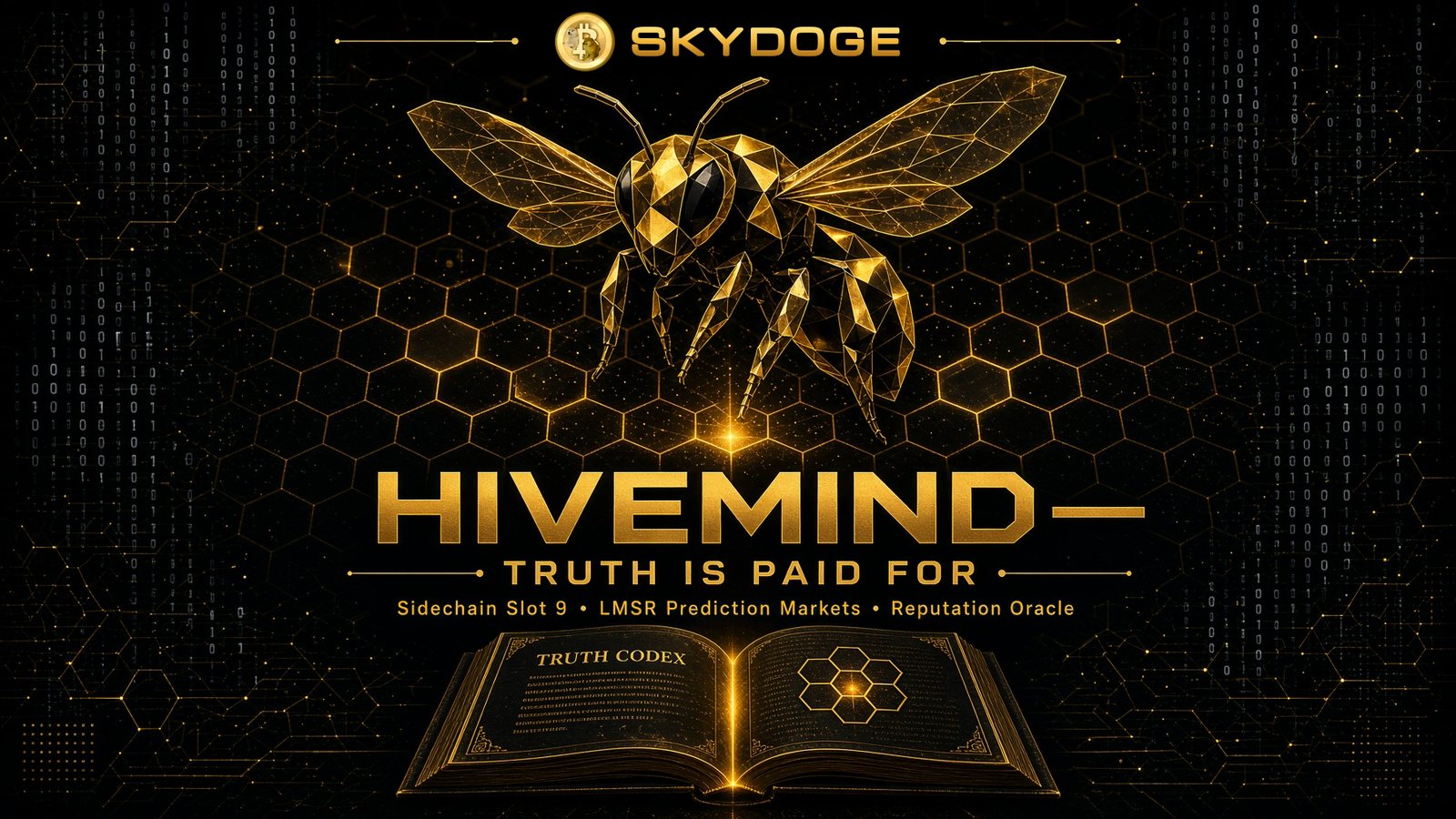 Hivemind: truth is paid for. A golden bee above a honeycomb and an open book titled Truth Codex. Sidechain slot 9, LMSR prediction markets, reputation oracle.