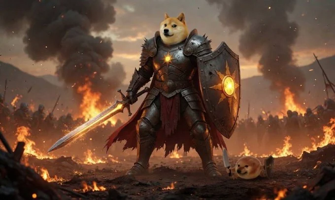 Armoured doge knight standing on a battlefield