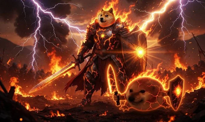 An armoured doge with sword and shield amid lightning and fire